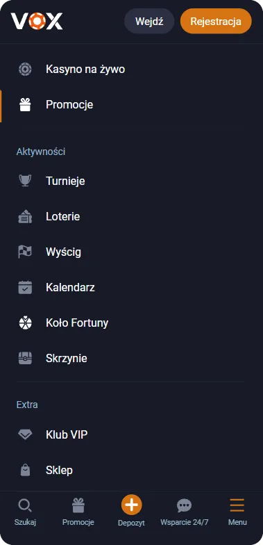 Vox casino menu