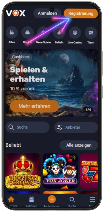 Registrierungsformular im Vox Casino